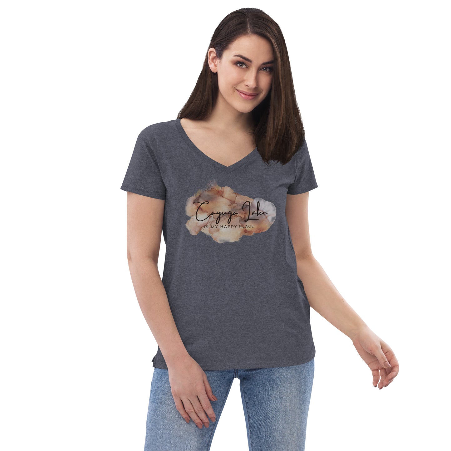 Women’s recycled v-neck t-shirt - Cayuga Lake is my happy place brown palatte