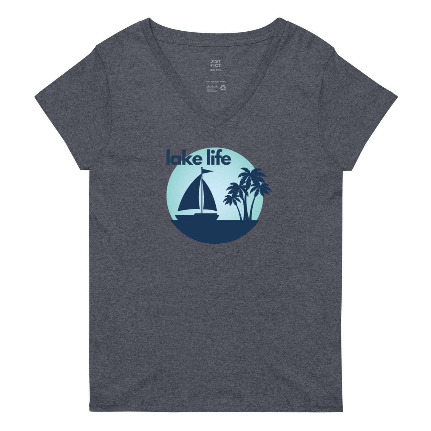 Women’s recycled v-neck t-shirt - Lake Life Sailboat & Palm Trees