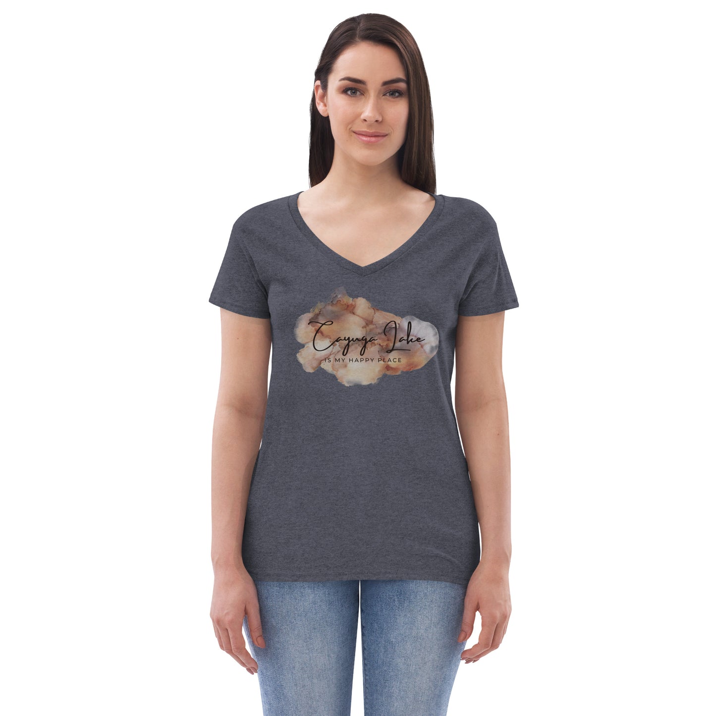 Women’s recycled v-neck t-shirt - Cayuga Lake is my happy place brown palatte