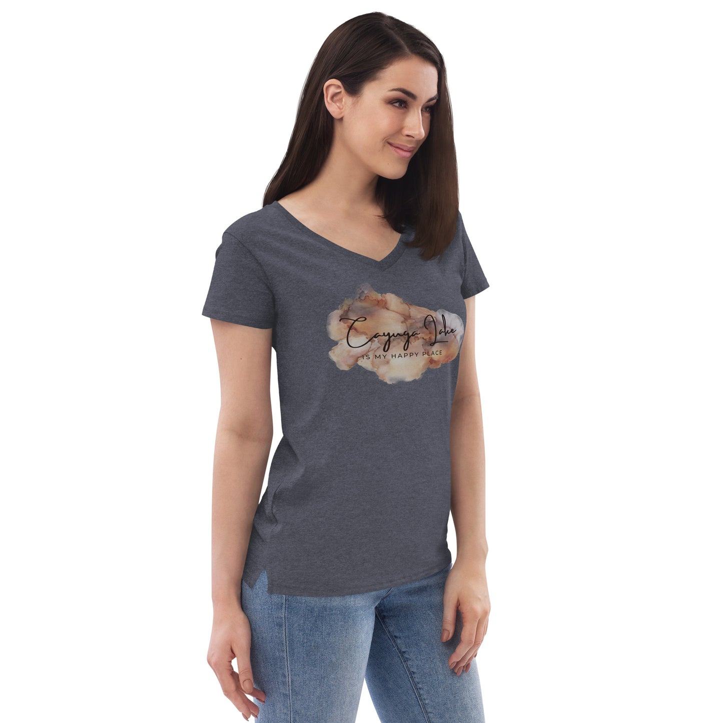 Women’s recycled v-neck t-shirt - Cayuga Lake is my happy place brown palatte