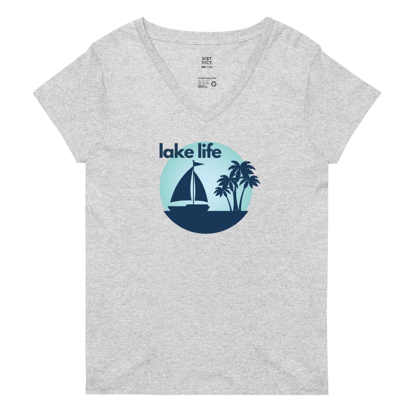 Women’s recycled v-neck t-shirt - Lake Life Sailboat & Palm Trees