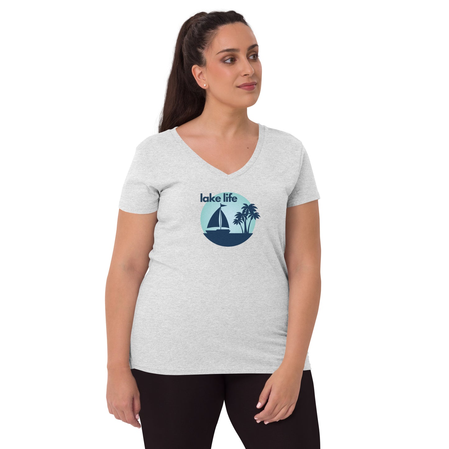 Women’s recycled v-neck t-shirt - Lake Life Sailboat & Palm Trees