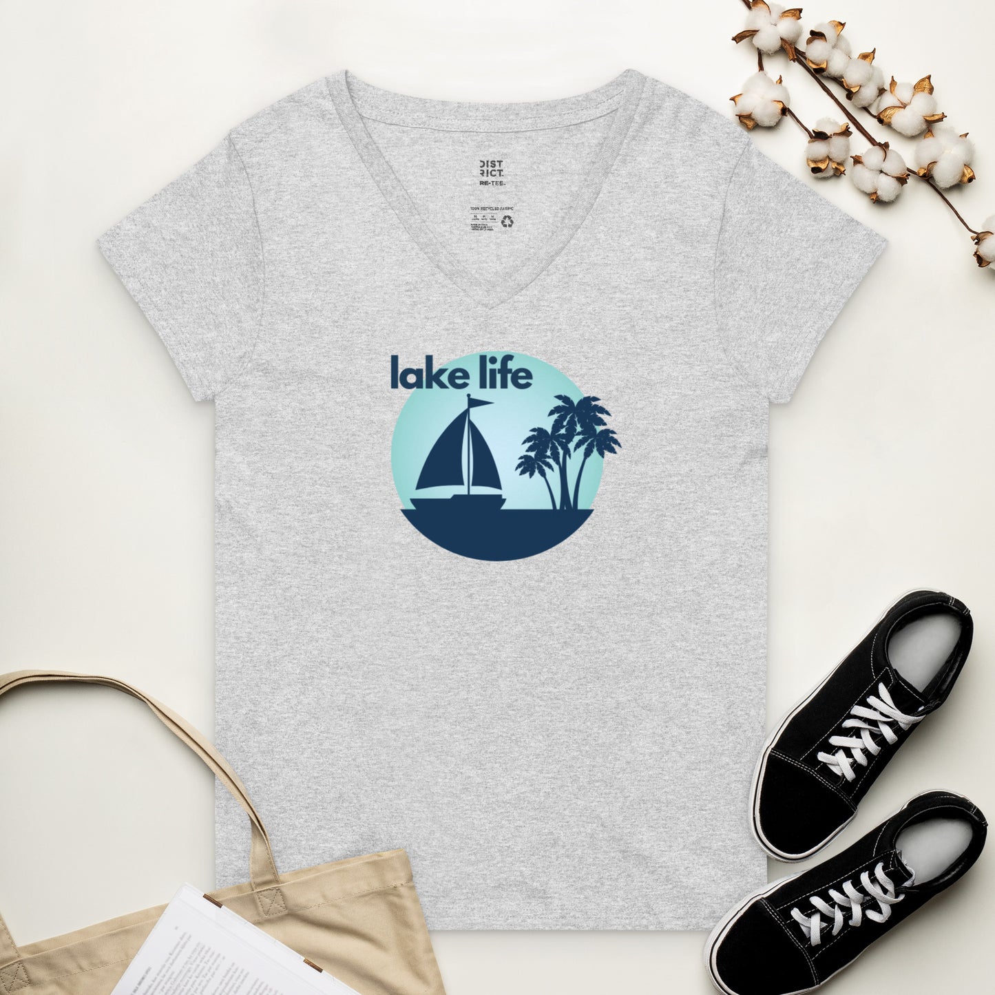 Women’s recycled v-neck t-shirt - Lake Life Sailboat & Palm Trees