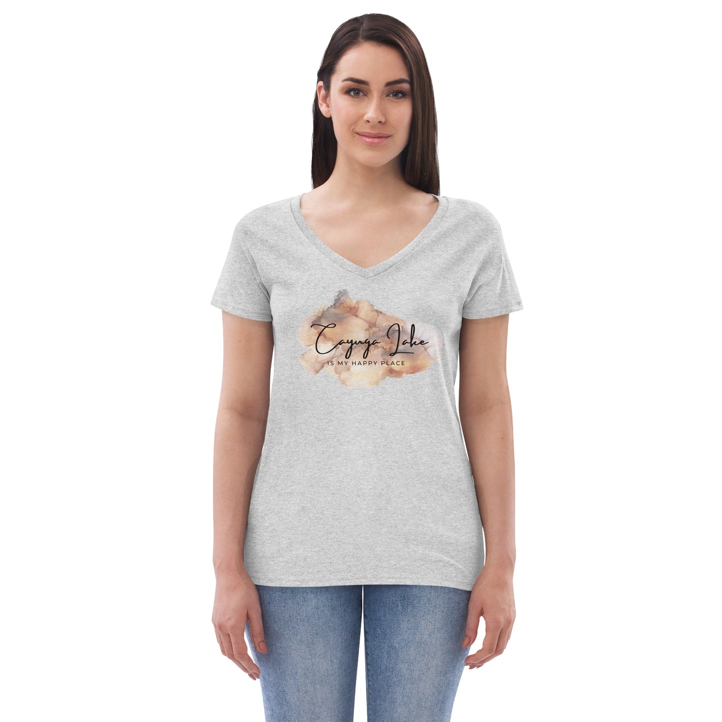 Women’s recycled v-neck t-shirt - Cayuga Lake is my happy place brown palatte