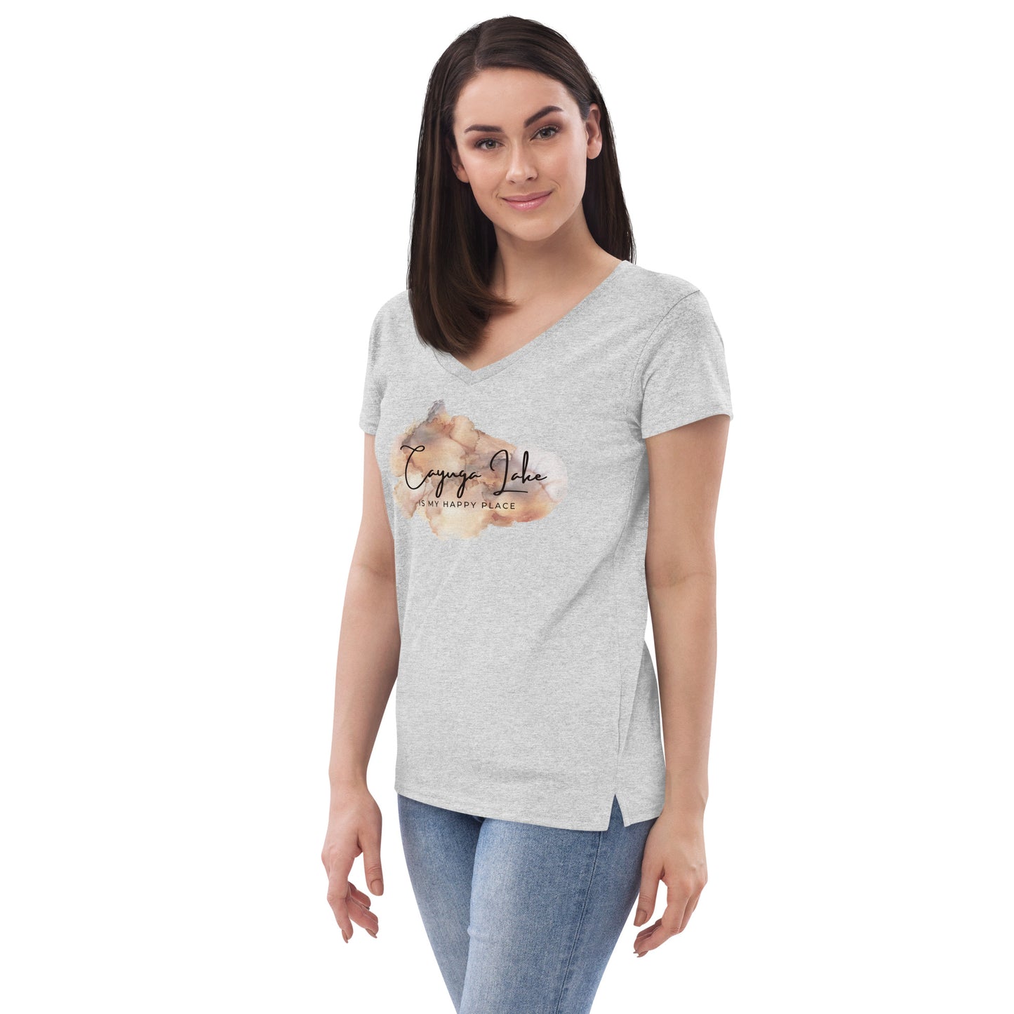 Women’s recycled v-neck t-shirt - Cayuga Lake is my happy place brown palatte