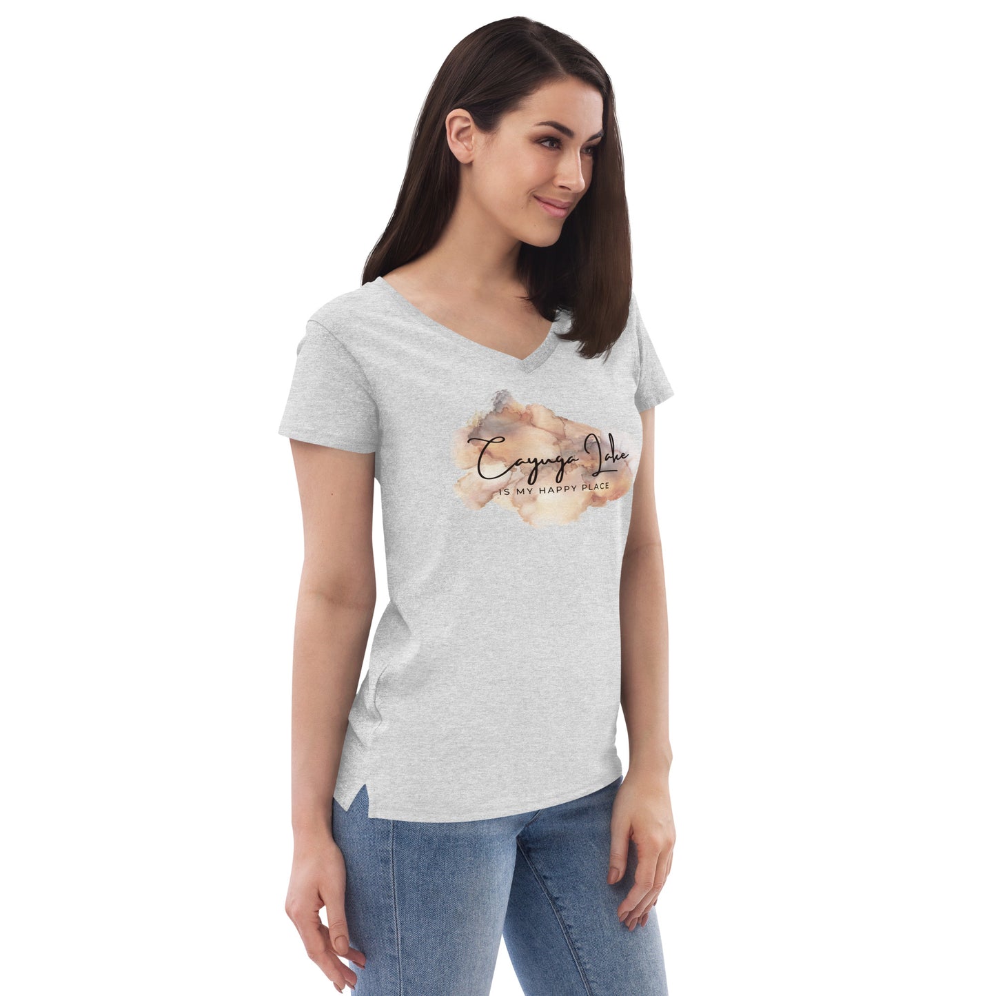 Women’s recycled v-neck t-shirt - Cayuga Lake is my happy place brown palatte