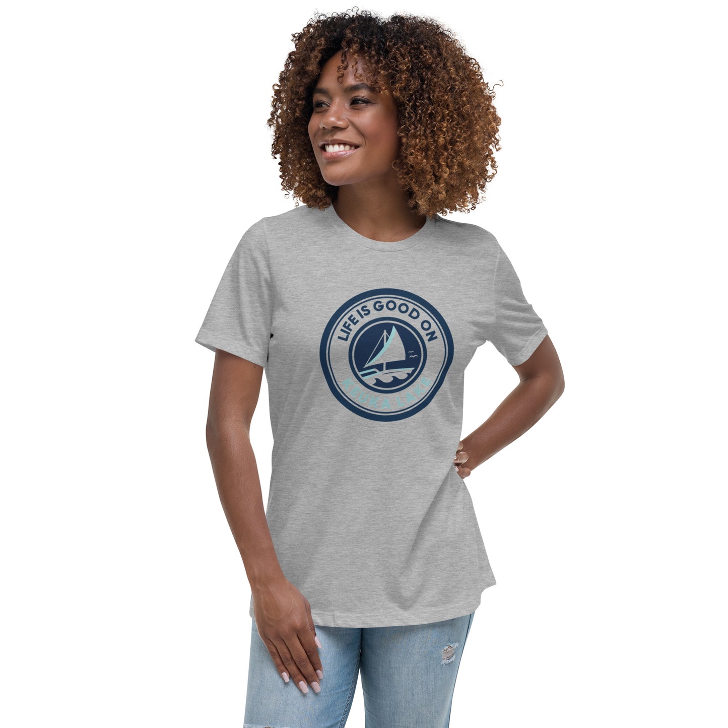 Women's Relaxed T-Shirt - Life is Good on Keuka Lake Sailboat