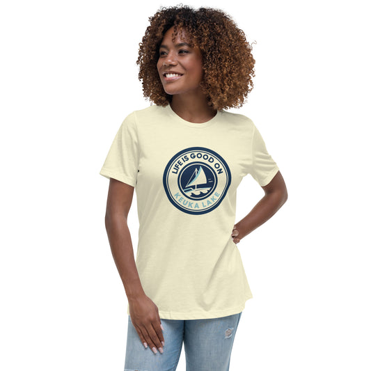 Women's Relaxed T-Shirt - Life is Good on Keuka Lake Sailboat