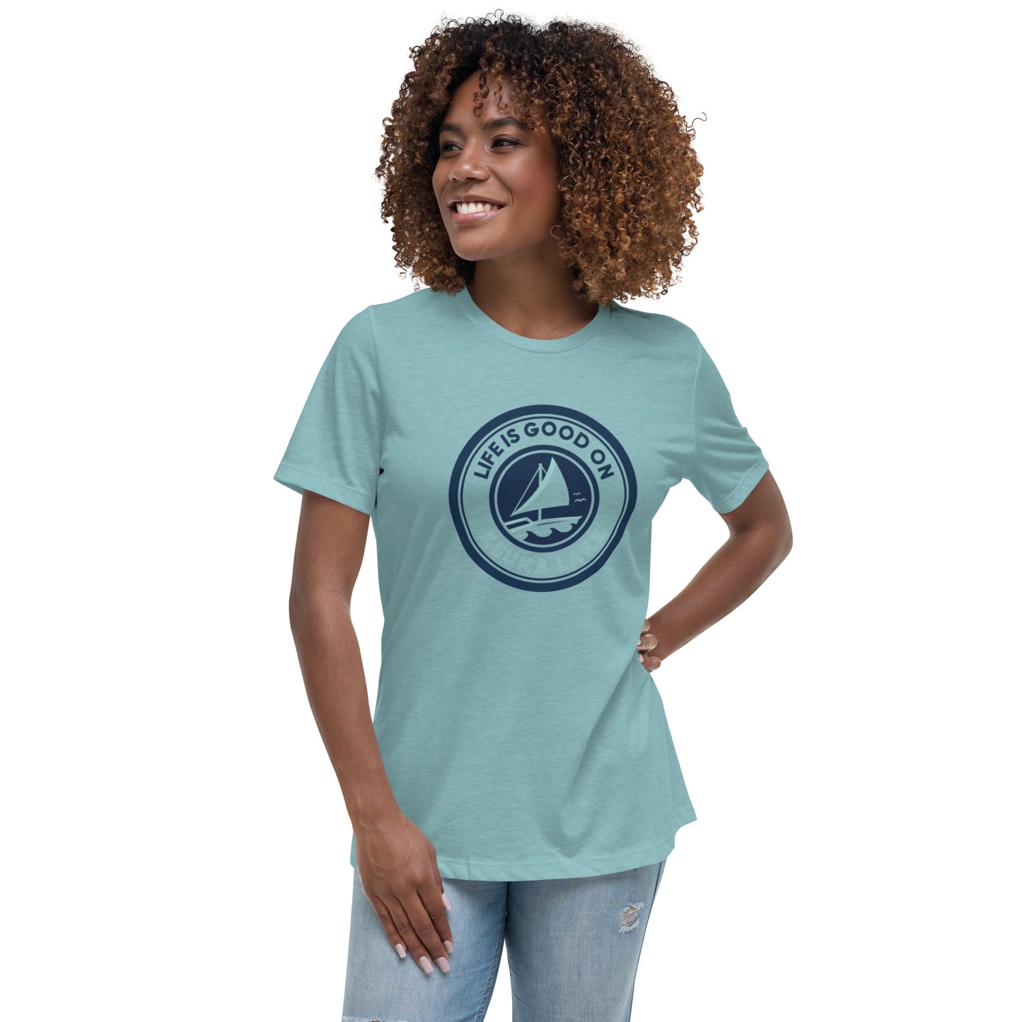 Women's Relaxed T-Shirt - Life is Good on Keuka Lake Sailboat