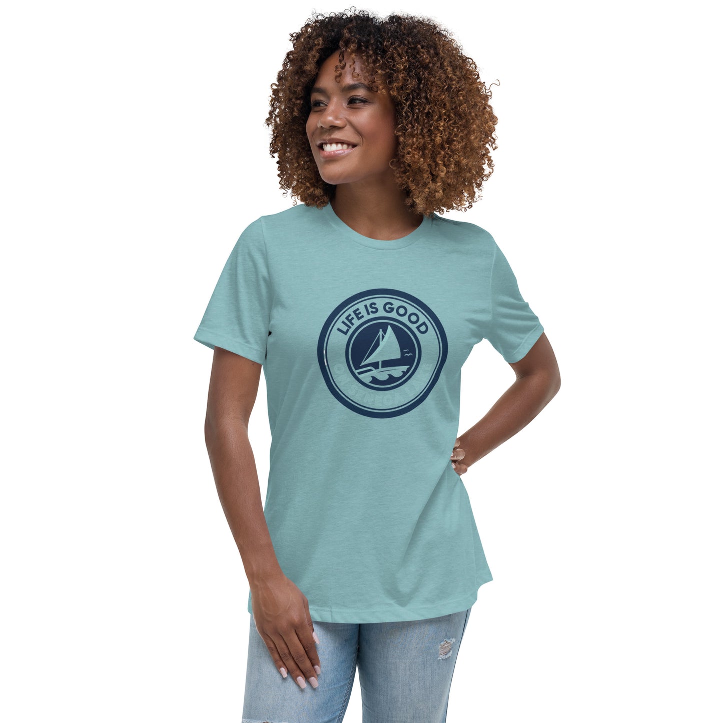 Women's Relaxed T-Shirt - Life is Good on Seneca Lake Sailboat