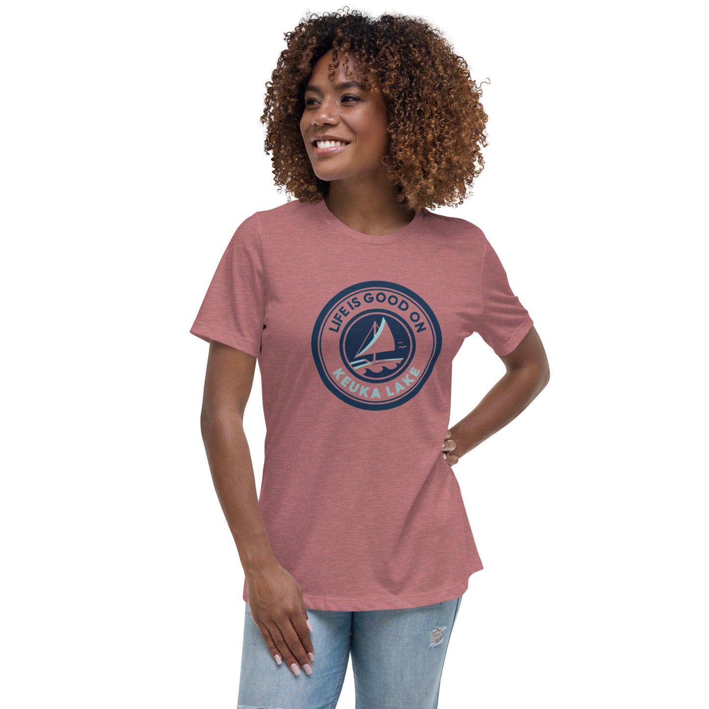 Women's Relaxed T-Shirt - Life is Good on Keuka Lake Sailboat