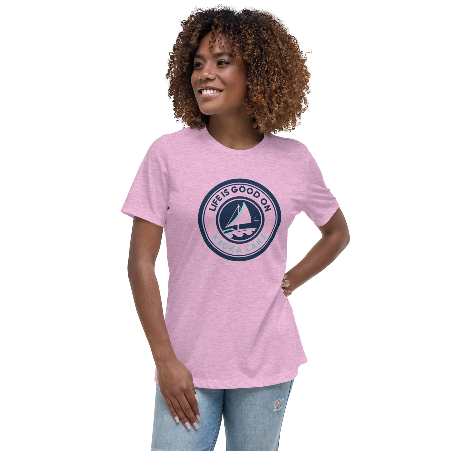 Women's Relaxed T-Shirt - Life is Good on Keuka Lake Sailboat