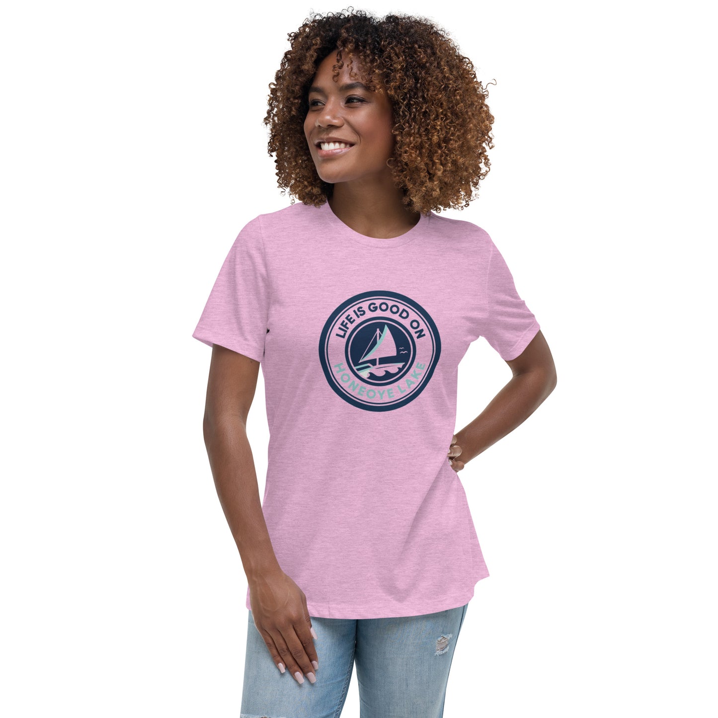 Women's Relaxed T-Shirt - Life is Good on Honeoye Lake Sailboat