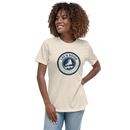 Women's Relaxed T-Shirt - Life is Good on Seneca Lake Sailboat