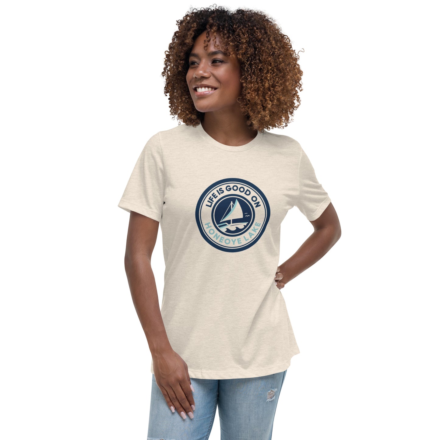 Women's Relaxed T-Shirt - Life is Good on Honeoye Lake Sailboat