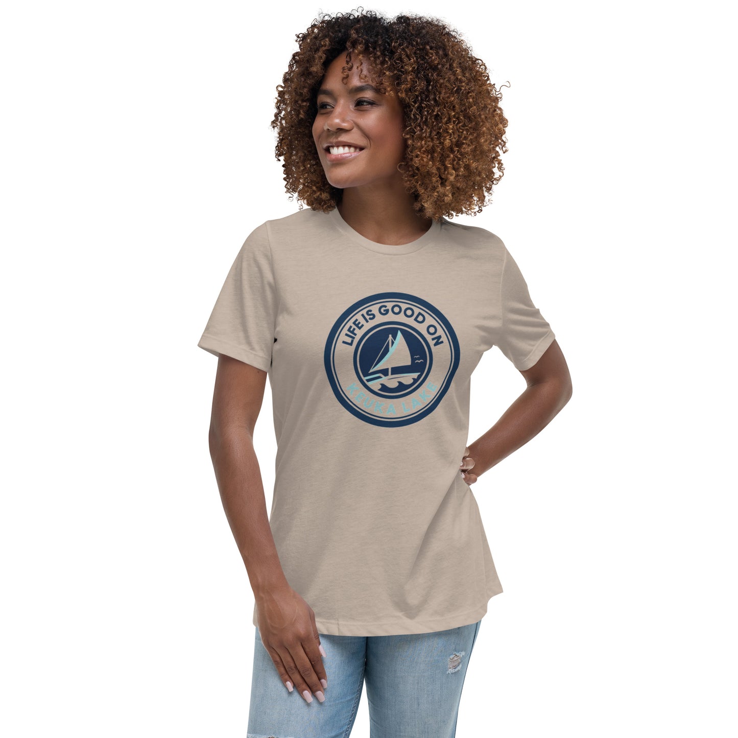 Women's Relaxed T-Shirt - Life is Good on Keuka Lake Sailboat