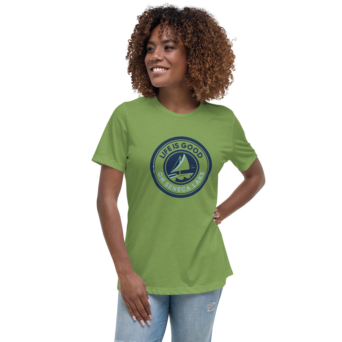 Women's Relaxed T-Shirt - Life is Good on Seneca Lake Sailboat