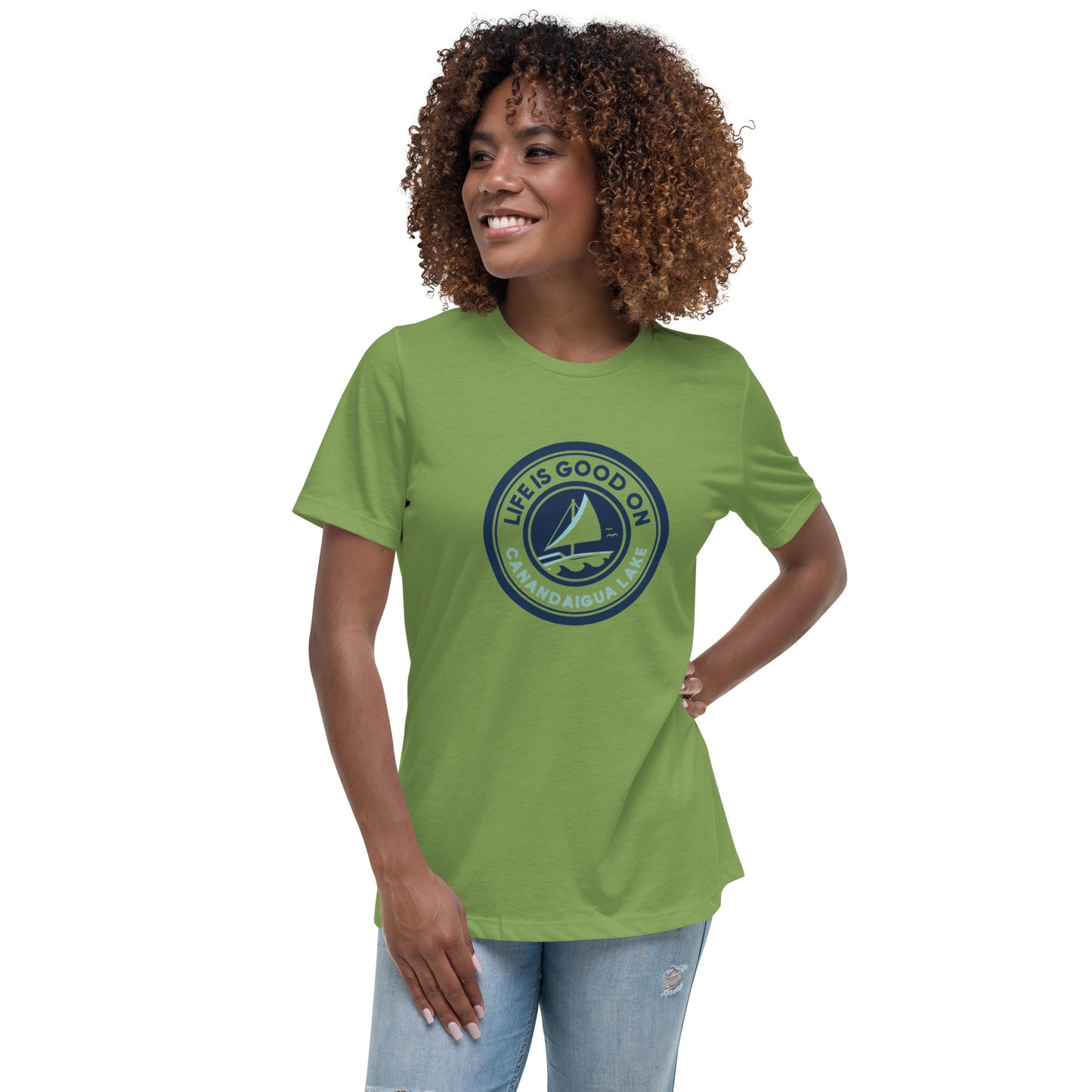 Women's Relaxed T-Shirt - Life is Good on Canandaigua Lake Sailboat