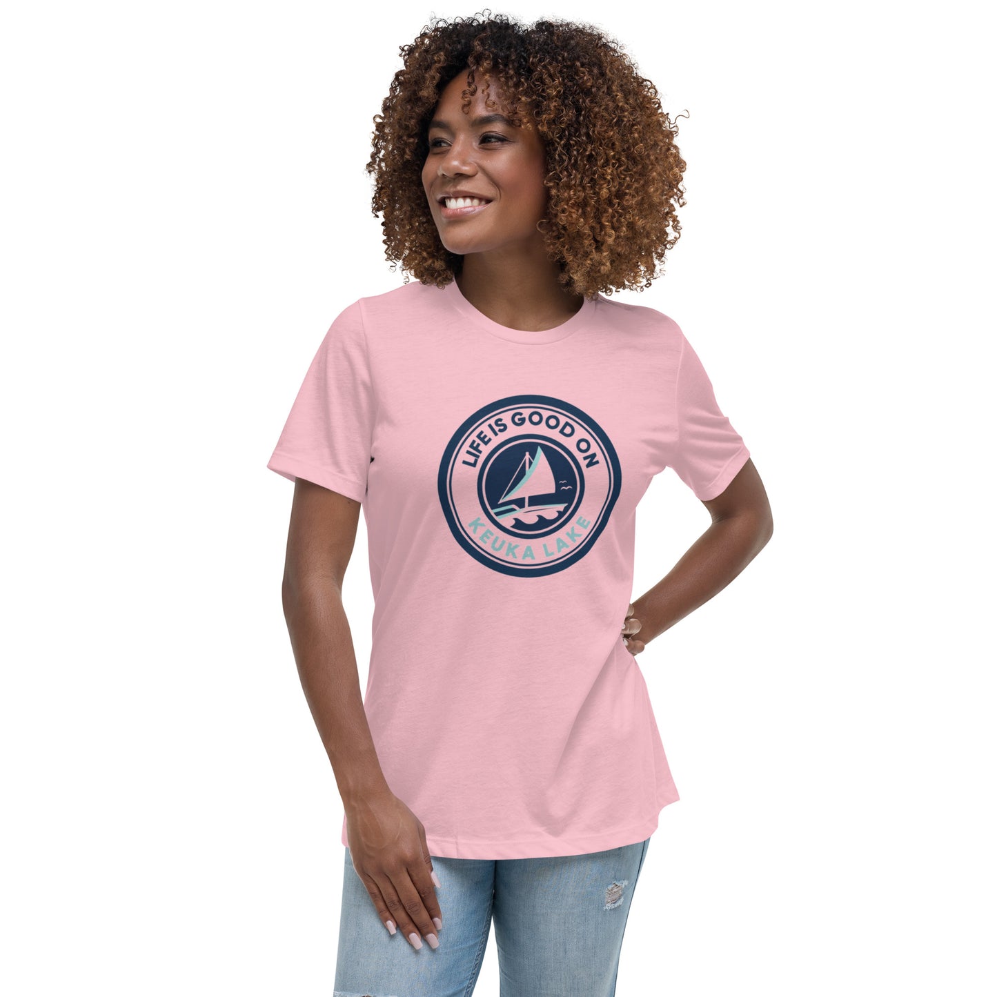 Women's Relaxed T-Shirt - Life is Good on Keuka Lake Sailboat