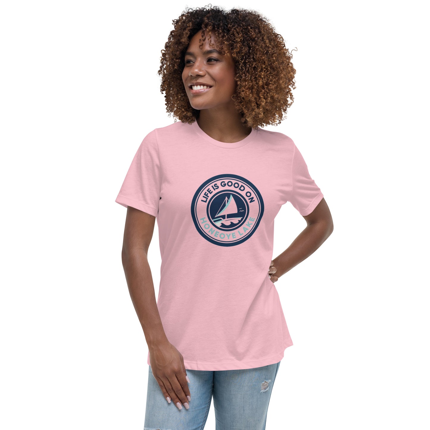 Women's Relaxed T-Shirt - Life is Good on Honeoye Lake Sailboat