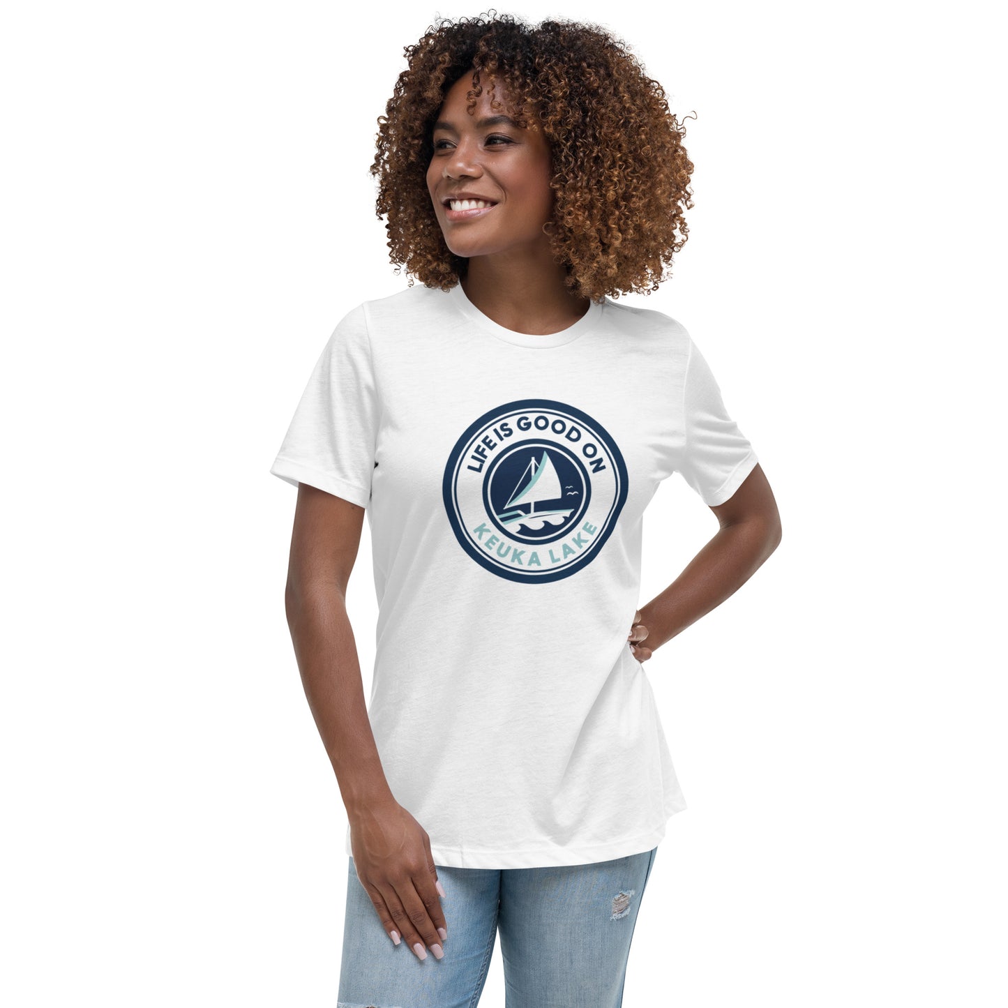 Women's Relaxed T-Shirt - Life is Good on Keuka Lake Sailboat